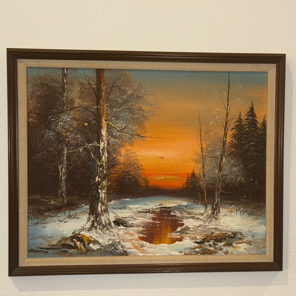 Vintage Sunset Forest Framed Oil Painting